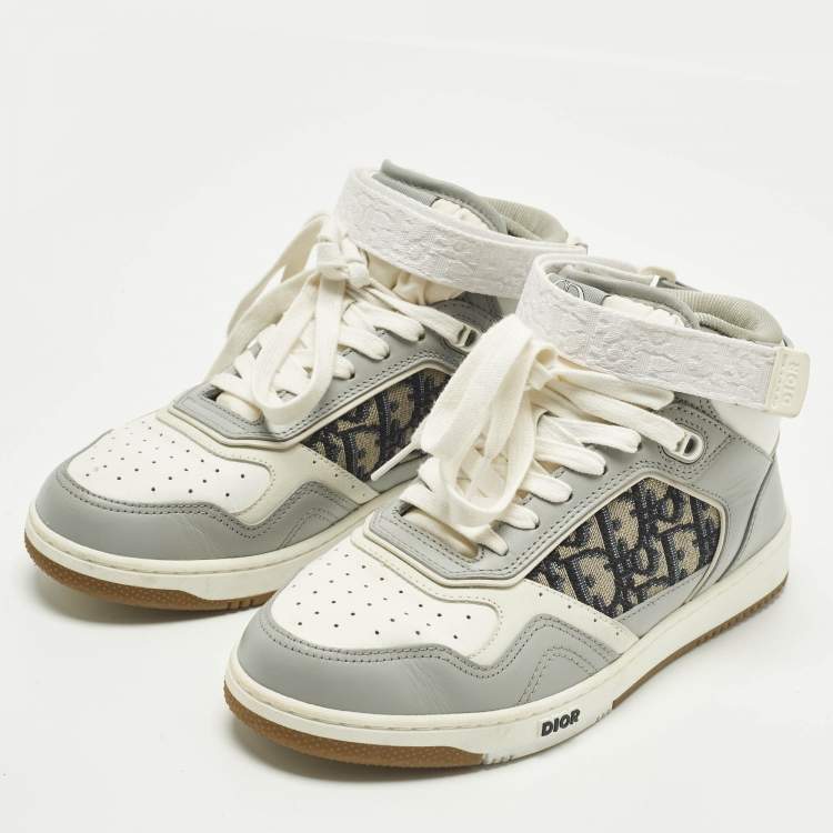 Pre Owned Dior B27 Size 38 Grey/White Oblique Jacquard and Leather High Top Sneakers