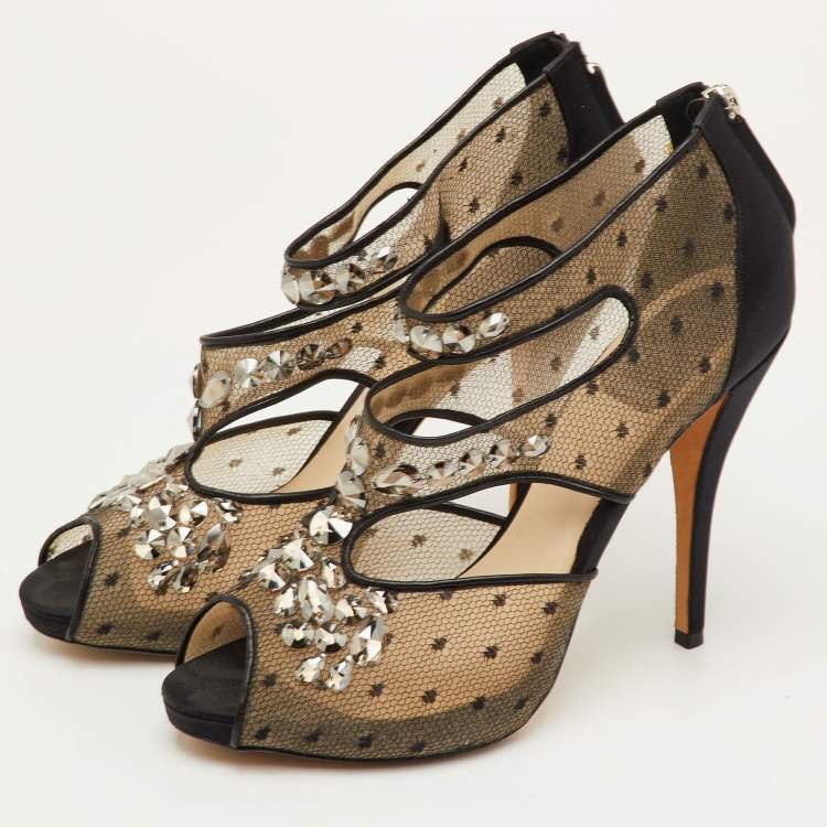 Pre Owned Dior Size 39.5 Black Mesh and Satin Cut Out Crystal Embellished Peep Toe Sandals