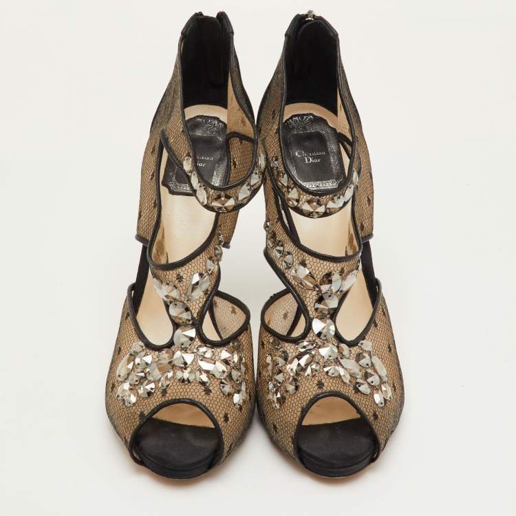Pre Owned Dior Size 39.5 Black Mesh and Satin Cut Out Crystal Embellished Peep Toe Sandals