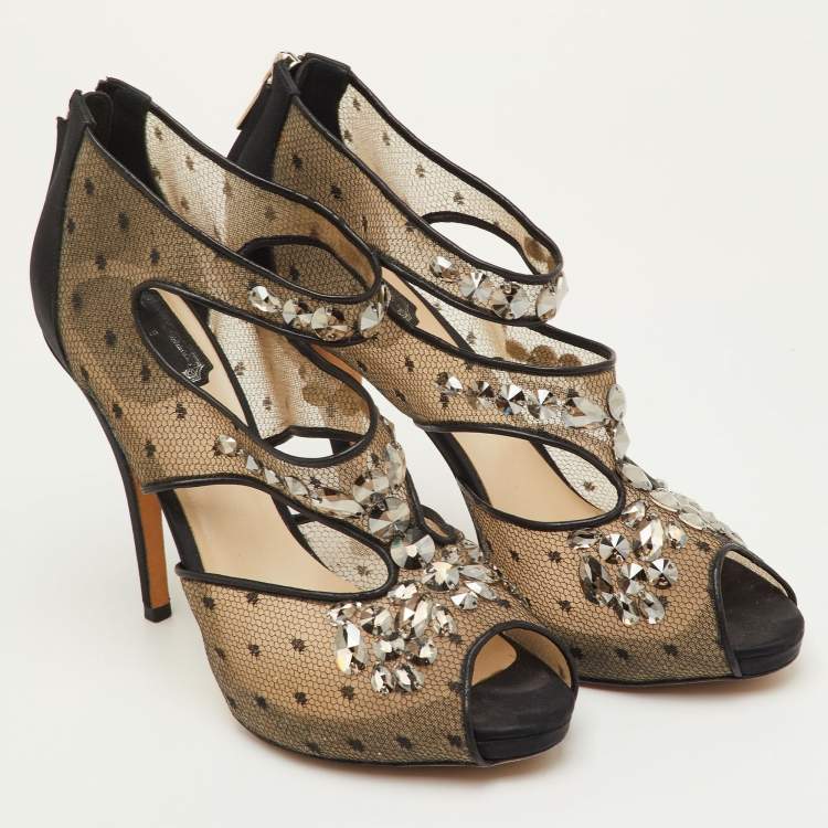 Pre Owned Dior Size 39.5 Black Mesh and Satin Cut Out Crystal Embellished Peep Toe Sandals