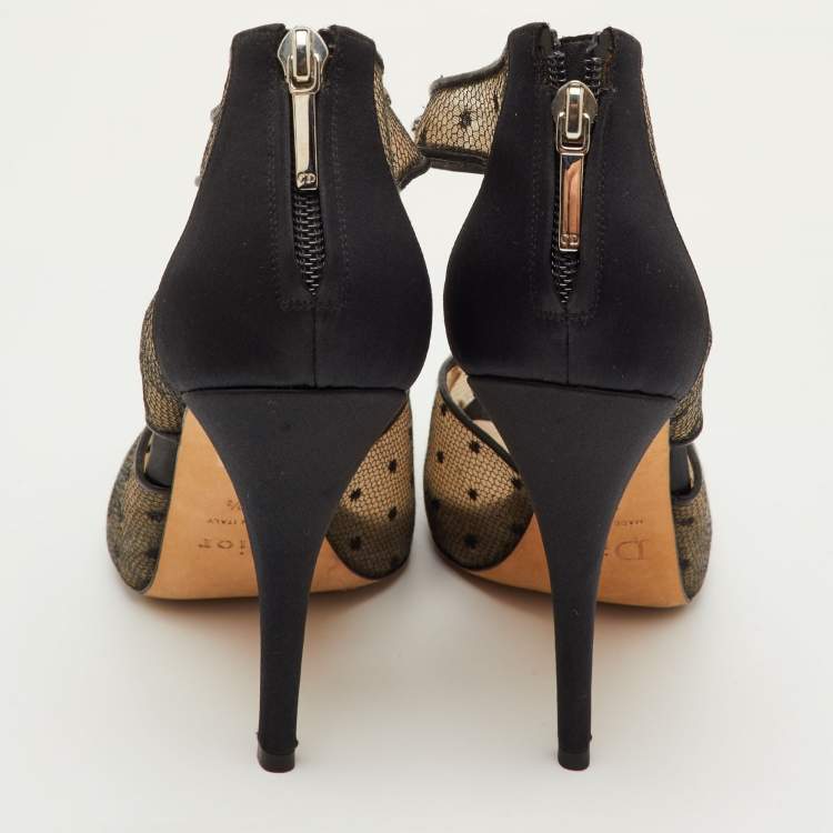 Pre Owned Dior Size 39.5 Black Mesh and Satin Cut Out Crystal Embellished Peep Toe Sandals