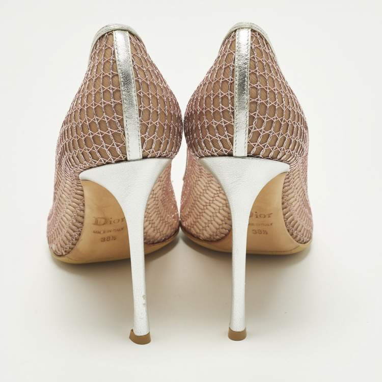 Pre Owned Dior Size 38.5 Pink Lace and Mesh Pointed Toe Pumps