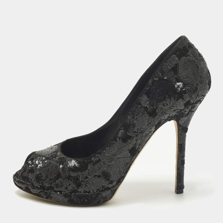 Pre Owned Dior Size 40 Black Sequins Peep Toe Platform Pumps