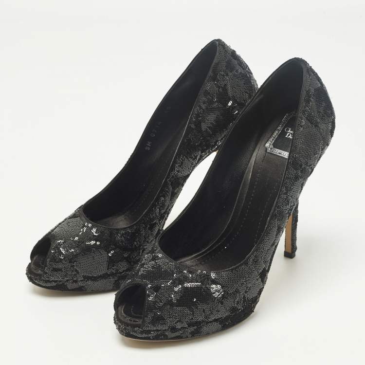Pre Owned Dior Size 40 Black Sequins Peep Toe Platform Pumps