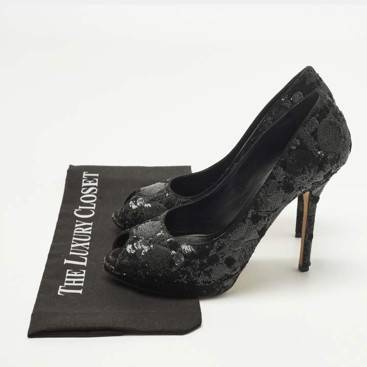 Pre Owned Dior Size 40 Black Sequins Peep Toe Platform Pumps