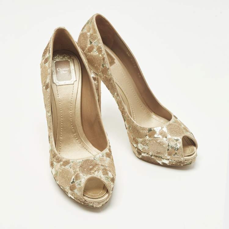 Pre Owned Christian Dior Size 40 Beige Sequins Peep Toe Pumps