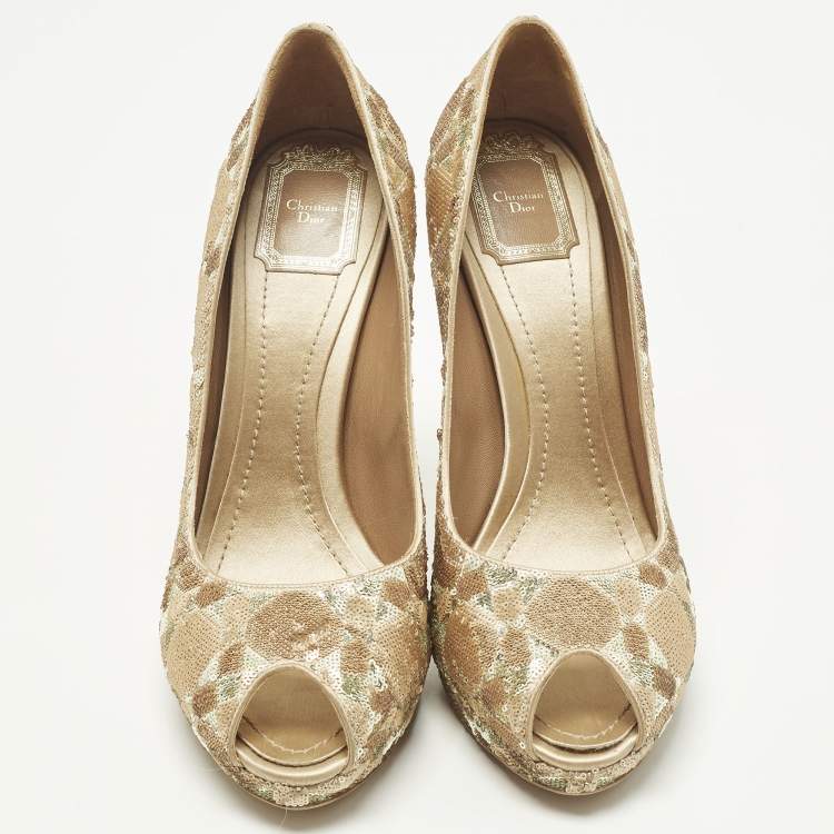 Pre Owned Christian Dior Size 40 Beige Sequins Peep Toe Pumps