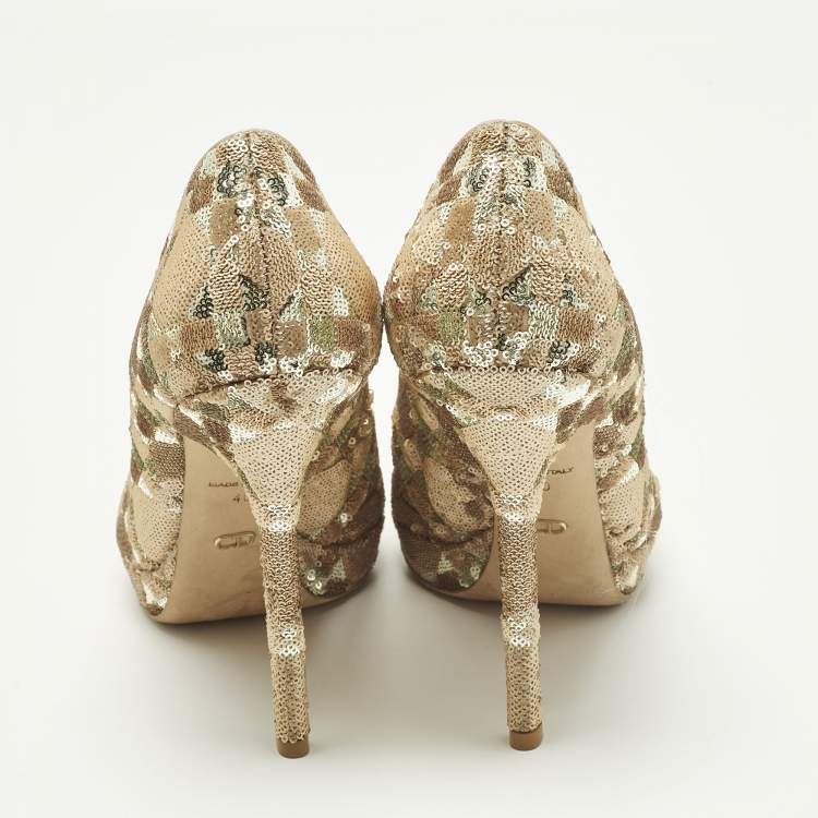 Pre Owned Christian Dior Size 40 Beige Sequins Peep Toe Pumps