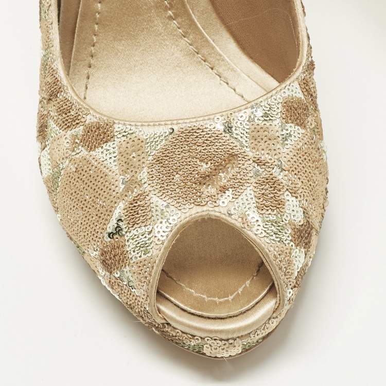 Pre Owned Christian Dior Size 40 Beige Sequins Peep Toe Pumps