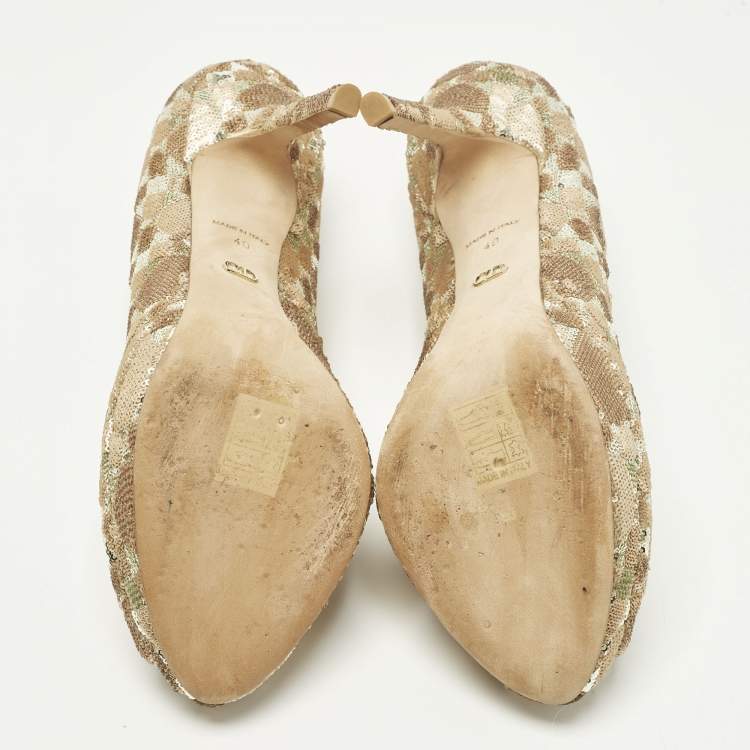 Pre Owned Christian Dior Size 40 Beige Sequins Peep Toe Pumps