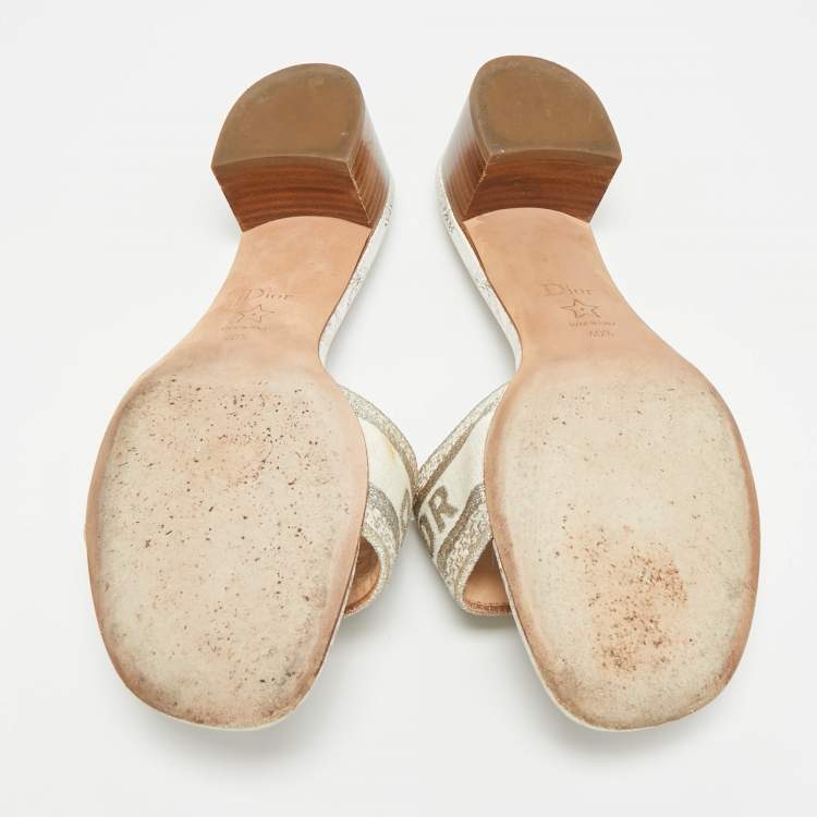 Pre Owned Dior Dway Size 40.5 Grey/Cream Canvas Slide Sandals