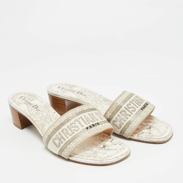 Pre Owned Dior Dway Size 40.5 Grey/Cream Canvas Slide Sandals
