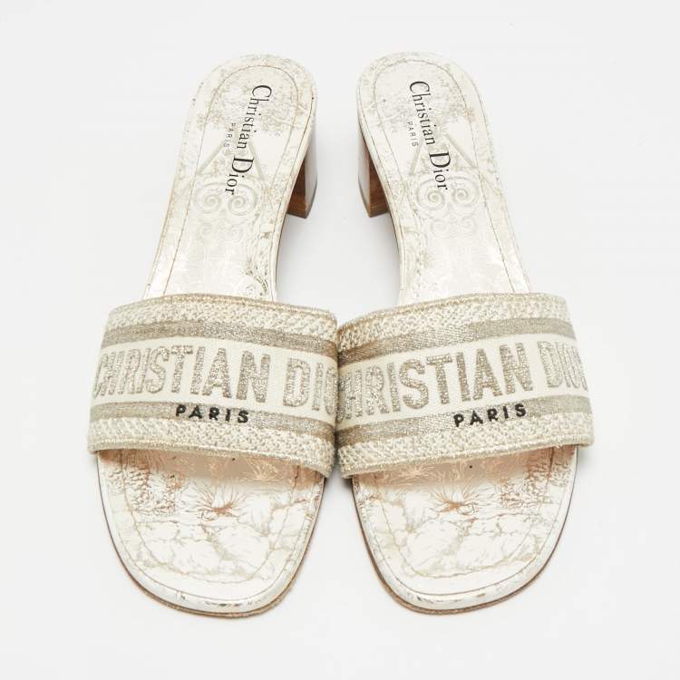 Pre Owned Dior Dway Size 40.5 Grey/Cream Canvas Slide Sandals
