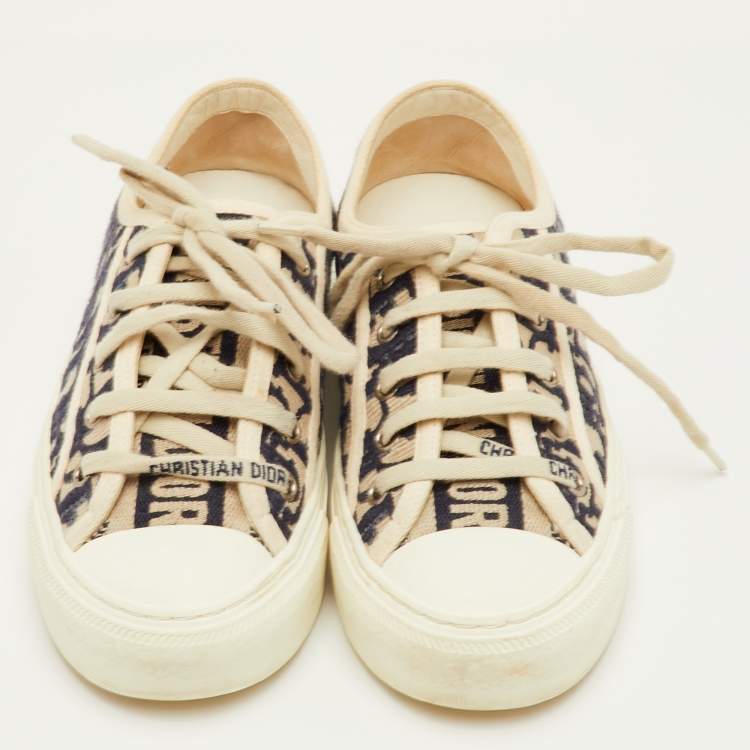 Pre Owned Dior Walk'n'Dior Size 35 Navy Blue/White Oblique Canvas and Rubber Low Top Sneakers