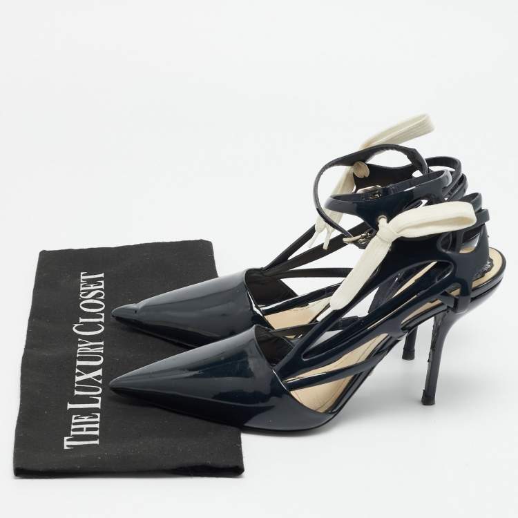 Pre Owned Dior Size 39.5 Midnight Blue Patent Leather Cut-Out Ankle-Strap Pumps