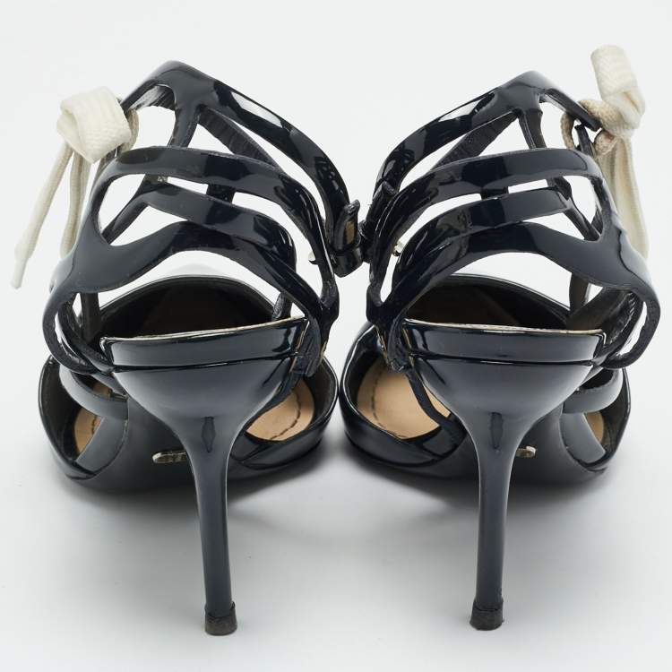 Pre Owned Dior Size 39.5 Midnight Blue Patent Leather Cut-Out Ankle-Strap Pumps