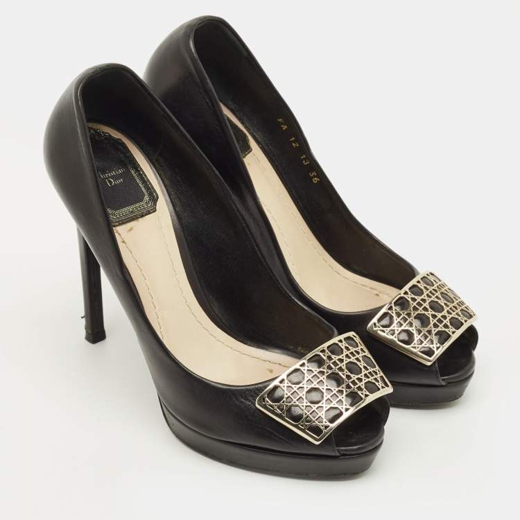 مملوكة مسبقًا Dior Size 36 Black Leather Cannage Plaque Peep Toe Pumps