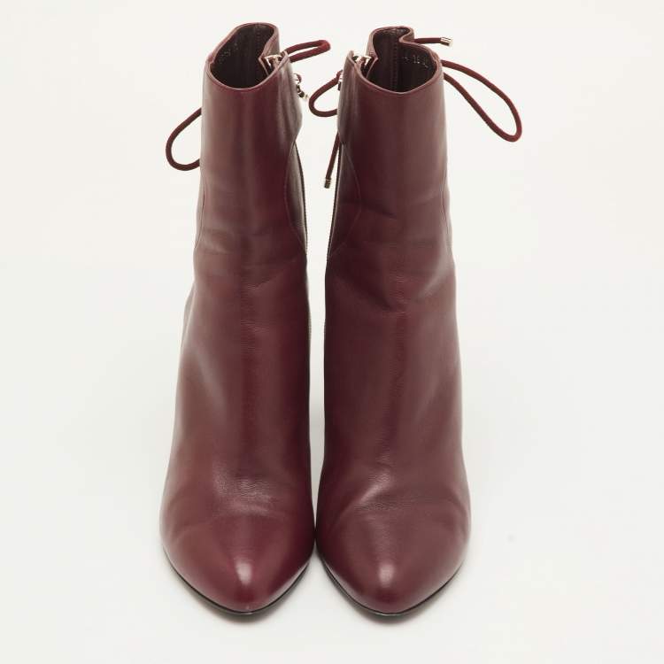 Pre Owned Dior Size 40 Burgundy Leather Studded Cannage Block Heel Ankle Length Boots