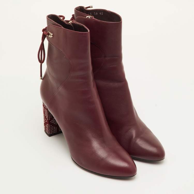 Pre Owned Dior Size 40 Burgundy Leather Studded Cannage Block Heel Ankle Length Boots
