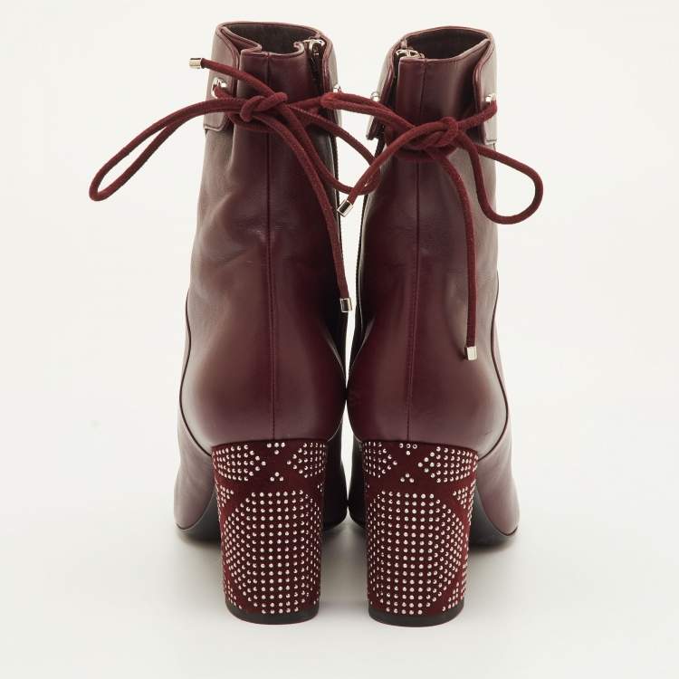 Pre Owned Dior Size 40 Burgundy Leather Studded Cannage Block Heel Ankle Length Boots
