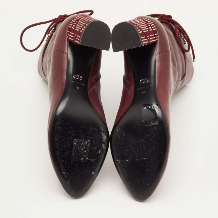 Pre Owned Dior Size 40 Burgundy Leather Studded Cannage Block Heel Ankle Length Boots