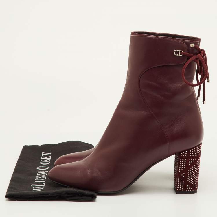Pre Owned Dior Size 40 Burgundy Leather Studded Cannage Block Heel Ankle Length Boots
