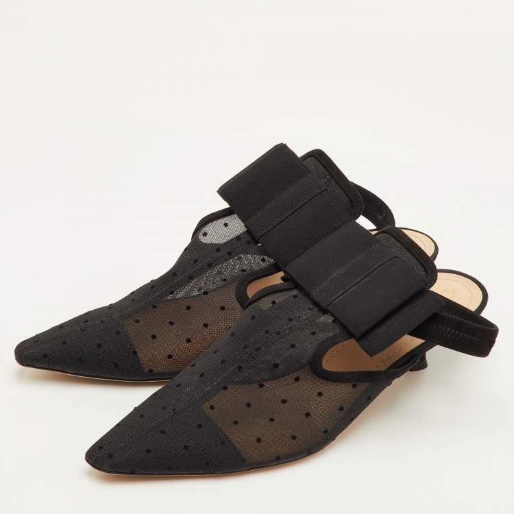 Pre Owned Dior Size 40 Black Mesh and Suede Trim Polka Dot Bow Pointed Toe Slingback Mules