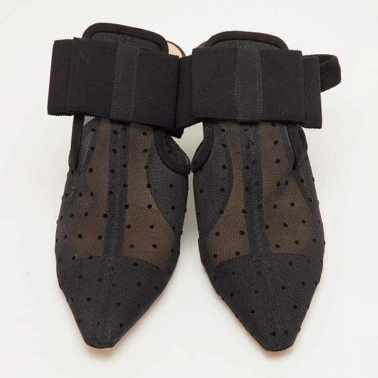 Pre Owned Dior Size 40 Black Mesh and Suede Trim Polka Dot Bow Pointed Toe Slingback Mules