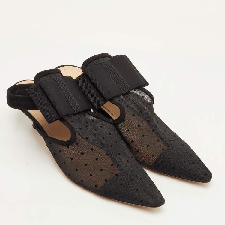 Pre Owned Dior Size 40 Black Mesh and Suede Trim Polka Dot Bow Pointed Toe Slingback Mules