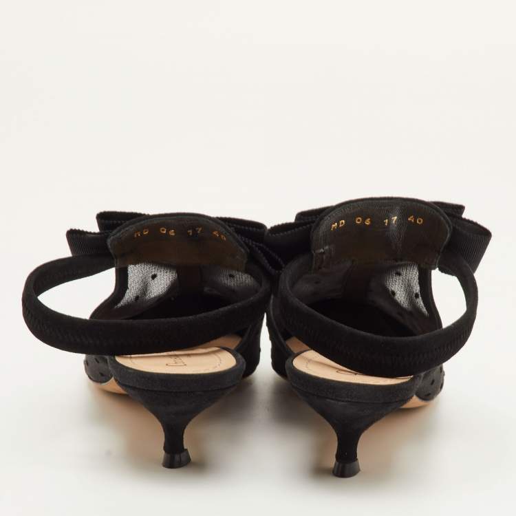 Pre Owned Dior Size 40 Black Mesh and Suede Trim Polka Dot Bow Pointed Toe Slingback Mules