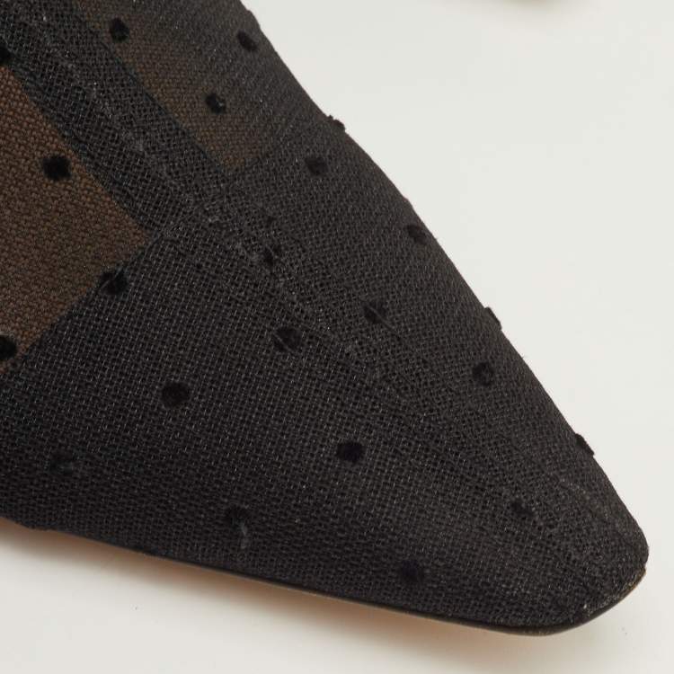 Pre Owned Dior Size 40 Black Mesh and Suede Trim Polka Dot Bow Pointed Toe Slingback Mules