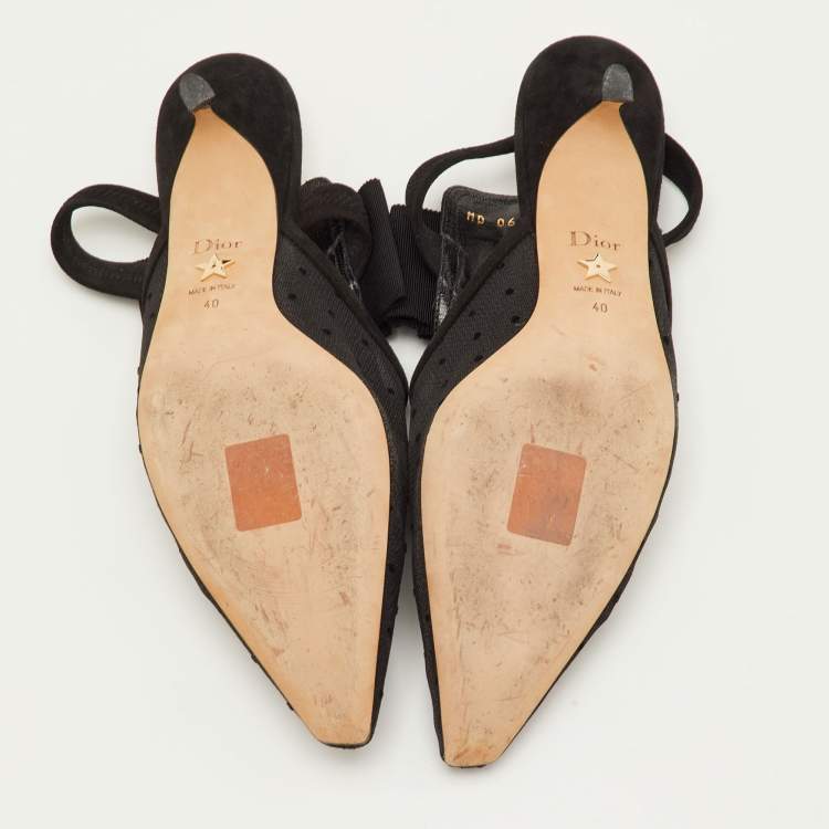 Pre Owned Dior Size 40 Black Mesh and Suede Trim Polka Dot Bow Pointed Toe Slingback Mules