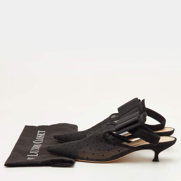Pre Owned Dior Size 40 Black Mesh and Suede Trim Polka Dot Bow Pointed Toe Slingback Mules