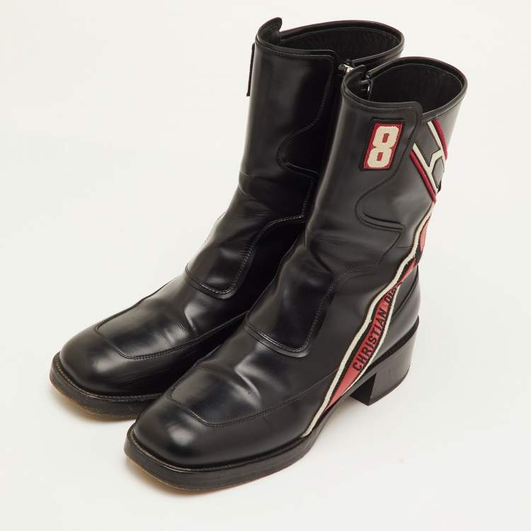 Pre Owned Dior Diorally Size 40 Black/Red Leather Mid Calf Motorcycle Boots