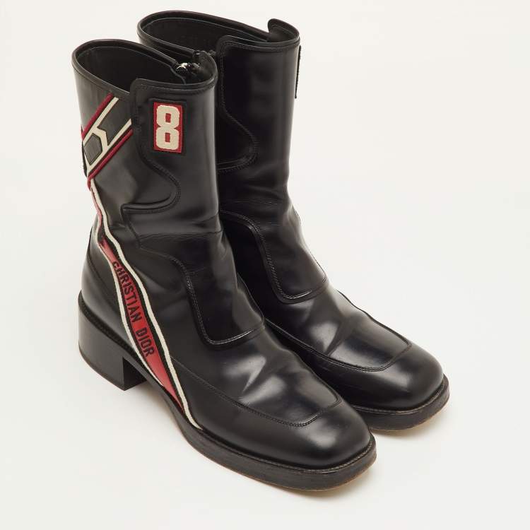 Pre Owned Dior Diorally Size 40 Black/Red Leather Mid Calf Motorcycle Boots