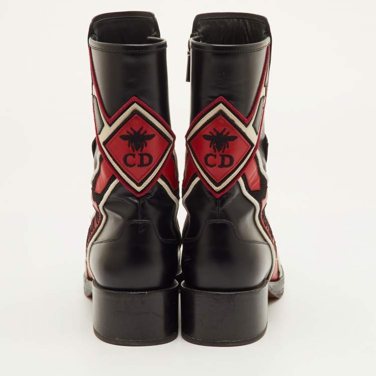 Pre Owned Dior Diorally Size 40 Black/Red Leather Mid Calf Motorcycle Boots