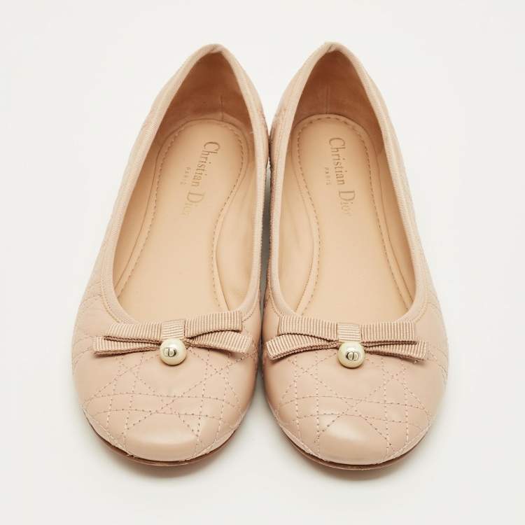 Pre Owned Dior Cannage Size 39.5 Beige Quilted Leather Pearl Bow Ballet Flats
