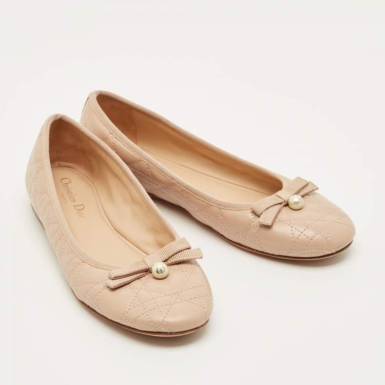 Pre Owned Dior Cannage Size 39.5 Beige Quilted Leather Pearl Bow Ballet Flats