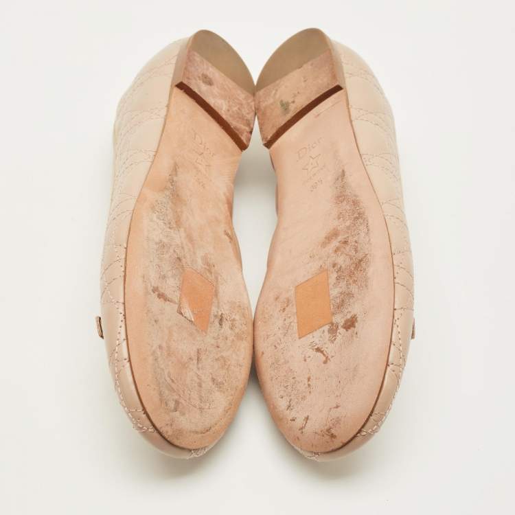 Pre Owned Dior Cannage Size 39.5 Beige Quilted Leather Pearl Bow Ballet Flats