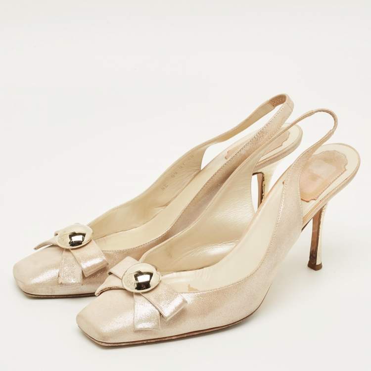 Pre Owned Dior Size 40 Cream Nubuck Leather Bow Slingback Pumps