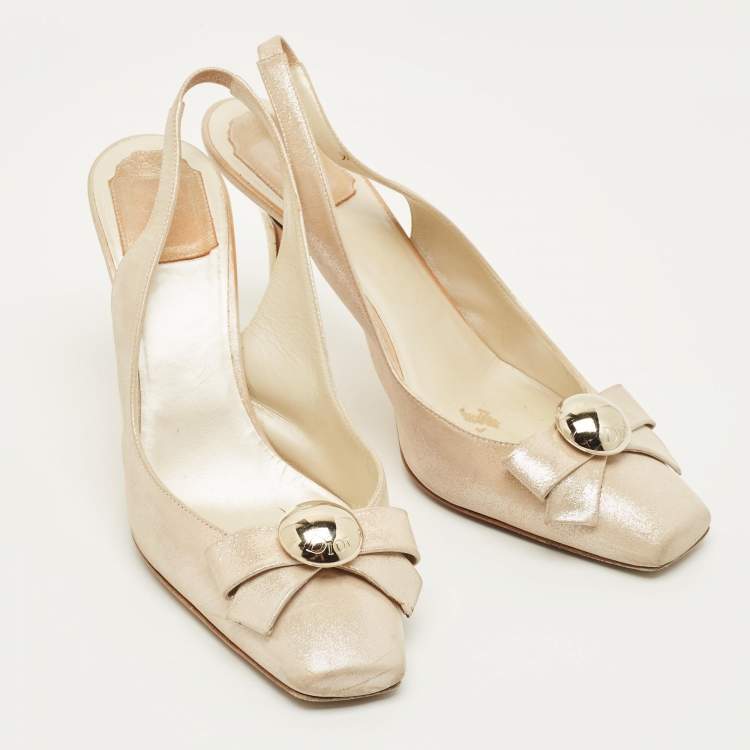 Pre Owned Dior Size 40 Cream Nubuck Leather Bow Slingback Pumps