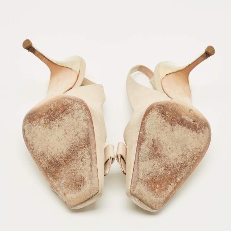 Pre Owned Dior Size 40 Cream Nubuck Leather Bow Slingback Pumps