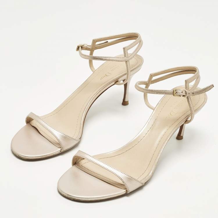 Pre Owned Dior Size 40.5 Gold Leather Ankle Strap Sandals