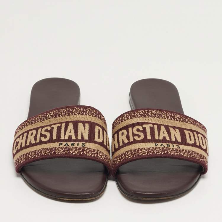 Pre Owned Dior Dway Size 38 Burgundy/Beige Canvas Flat Sandals