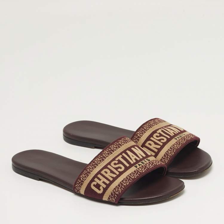 Pre Owned Dior Dway Size 38 Burgundy/Beige Canvas Flat Sandals