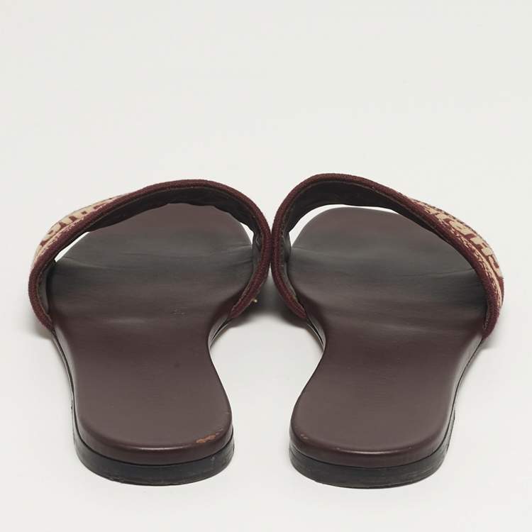 Pre Owned Dior Dway Size 38 Burgundy/Beige Canvas Flat Sandals
