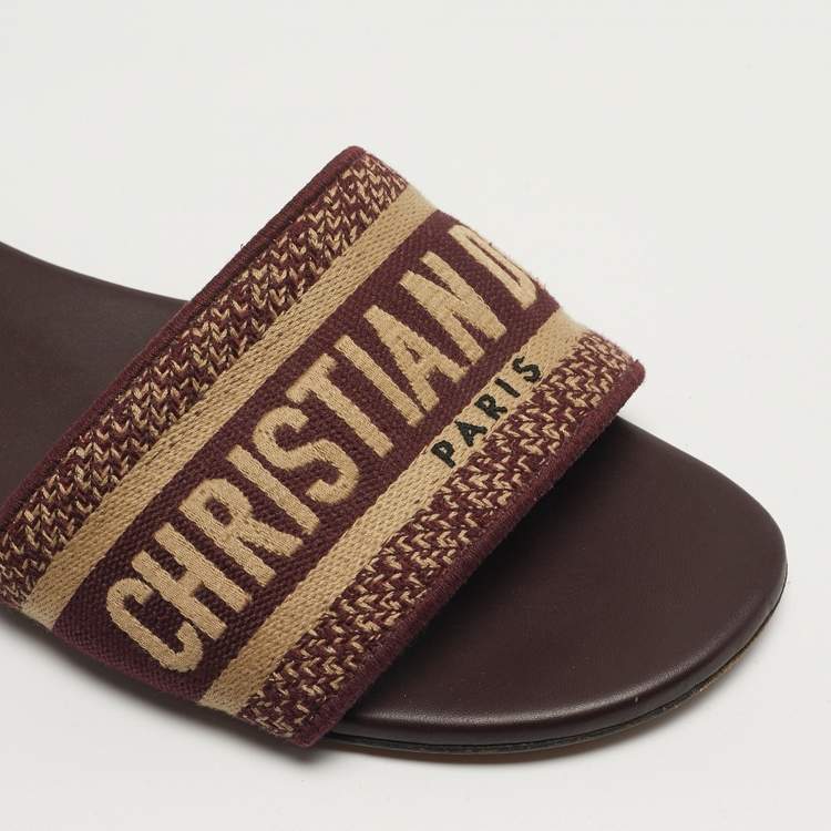 Pre Owned Dior Dway Size 38 Burgundy/Beige Canvas Flat Sandals