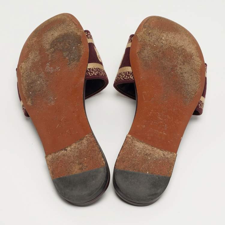 Pre Owned Dior Dway Size 38 Burgundy/Beige Canvas Flat Sandals