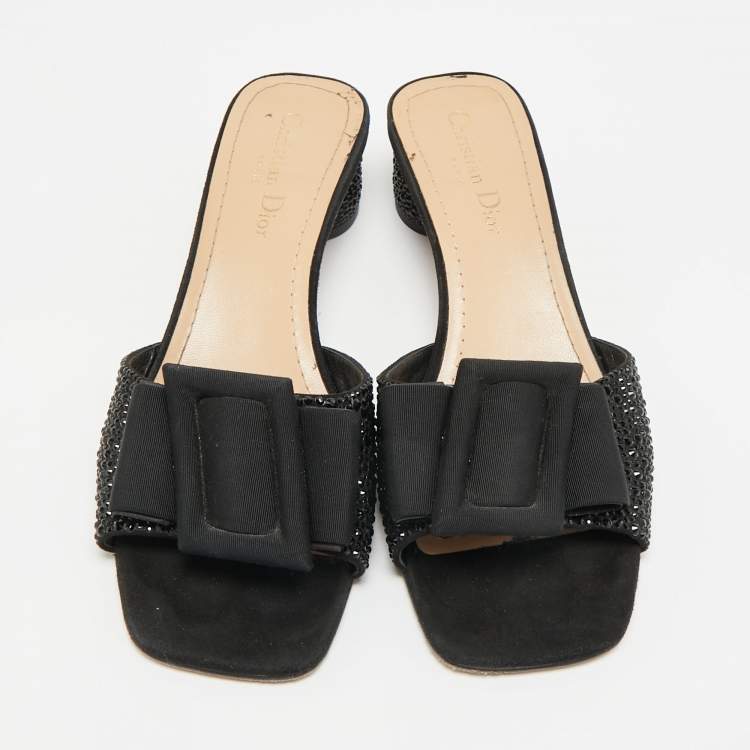 Pre Owned Dior Idylle Size 39 Black Suede Bow Crystal Embellished Slide Sandals