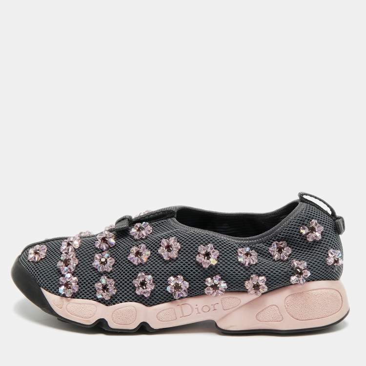 Pre Owned Dior Fusion Crystal Embellished Size 39.5 Grey Mesh Slip On Sneakers